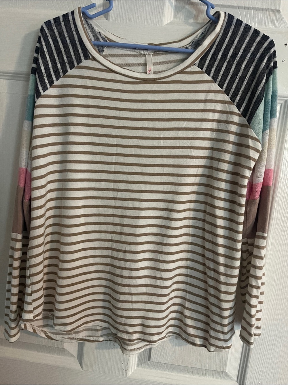 Moss & Spy Cream, Tan, Navy, Mint & Pink Striped Raglan Long-Sleeve Top